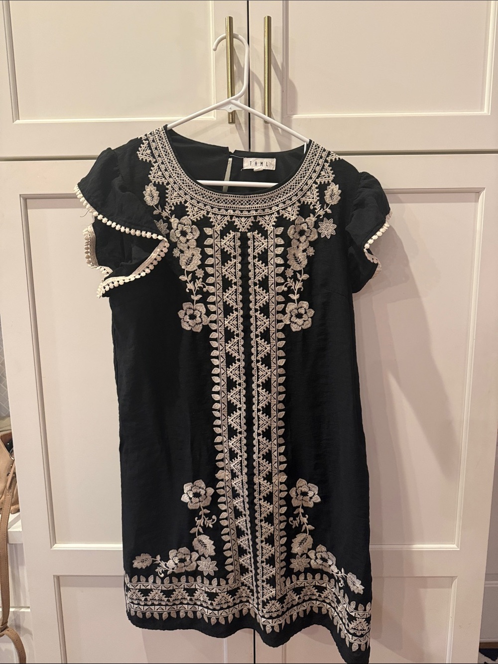 THML Women’s Black Embroidered Shift Dress with Ivory Detailing large